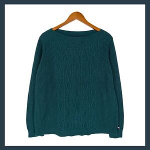 Tommy Hilfiger Green Cable Knit Sweater Size L Cotton Blend Classic Preppy